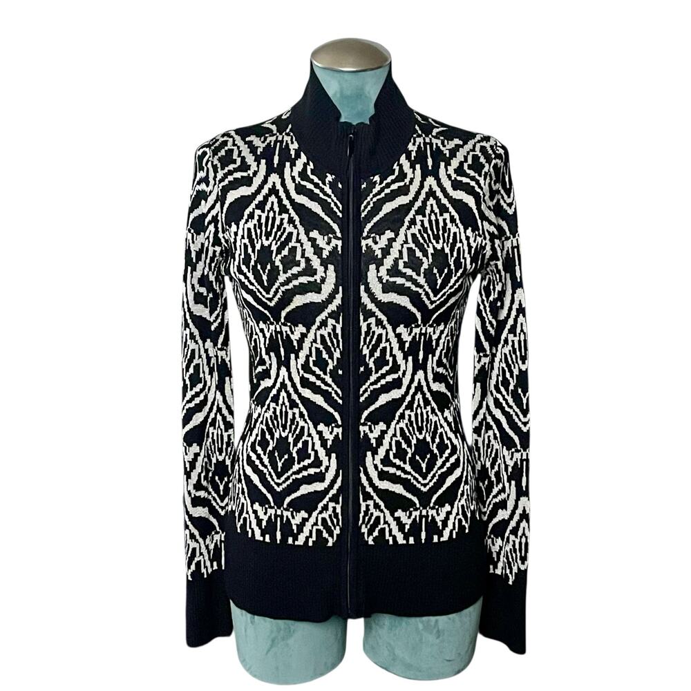 V Cristina Patterned Knit Cardigan Jacket Sz L Black White Long Sleeve Full Zip